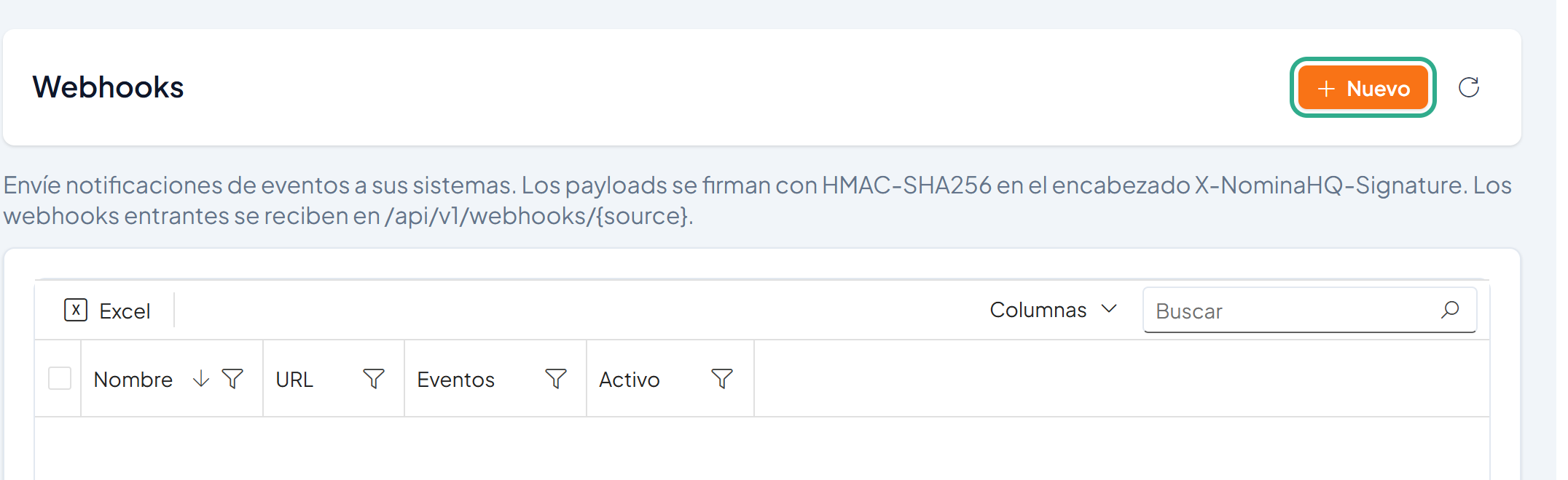 Botón Nuevo resaltado en la parte superior de Webhooks