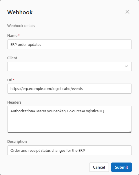 The Webhook dialog filled in: Name ERP order updates, no client, the receiving address, two headers and a description