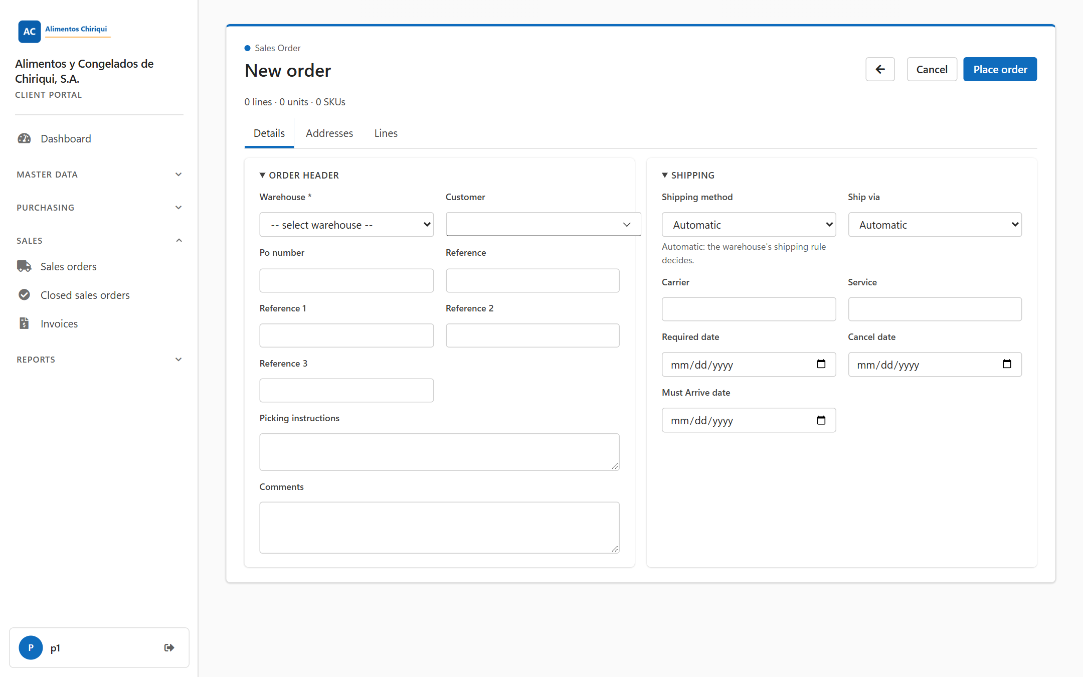 The New order form open on the Details tab, with the Order header and Shipping sections