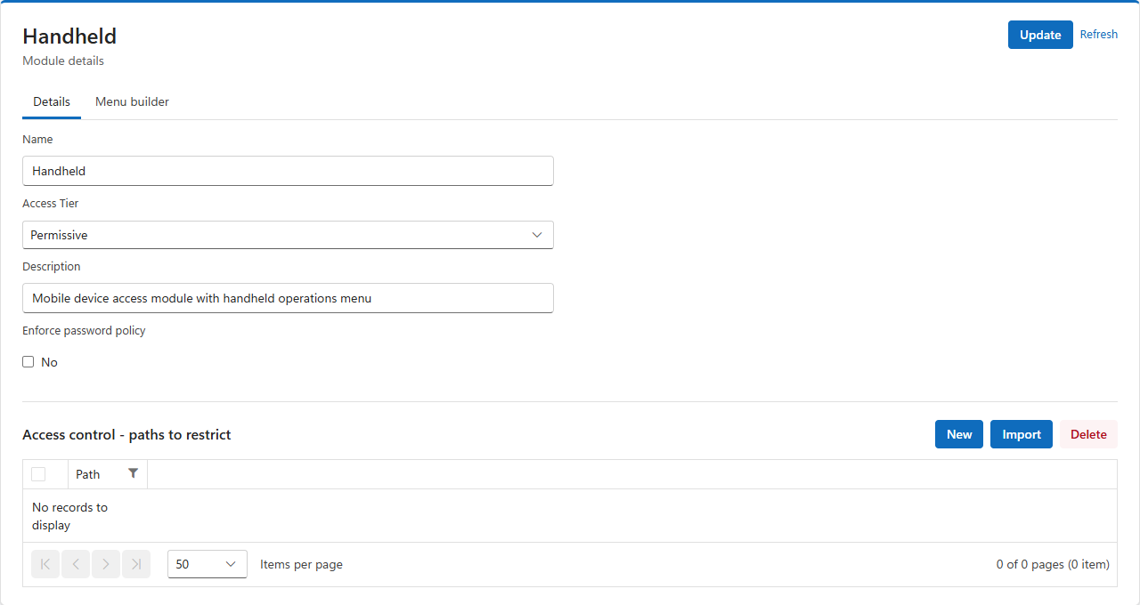 The Details tab of the Handheld module: Name, Access Tier set to Permissive, Description, Enforce password policy and the Access control - paths to restrict list