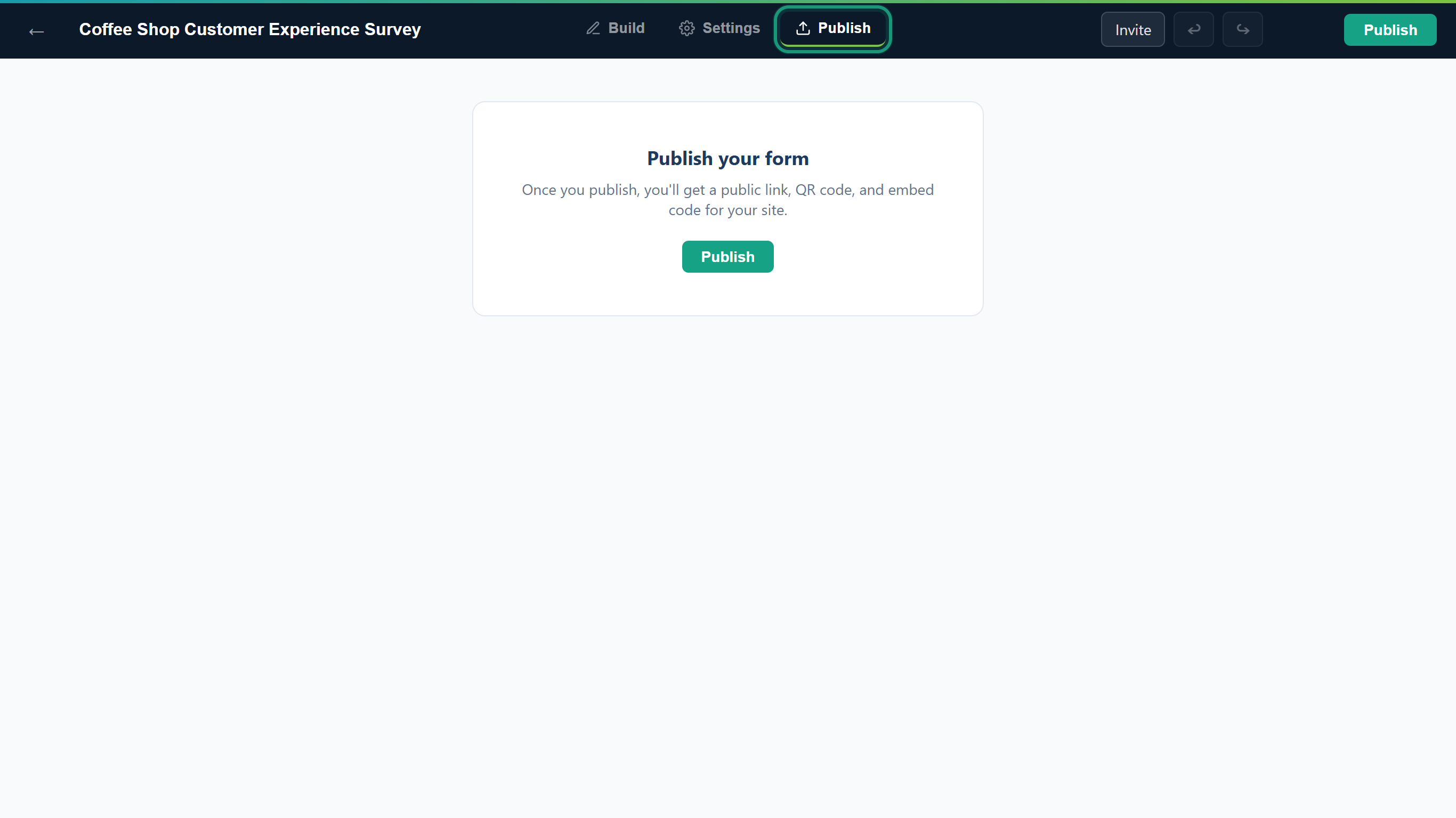 The Publish tab outlined, showing the Publish your form card with a Publish button