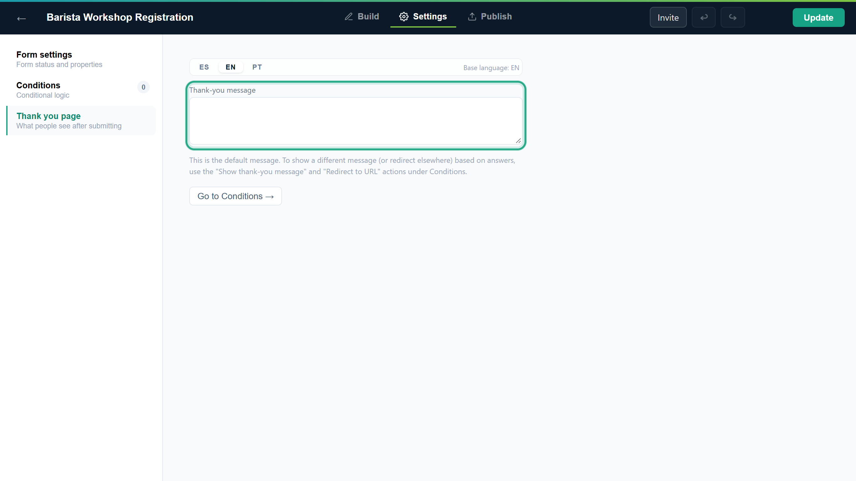 The Thank you page section with the Thank-you message box outlined and the Go to Conditions button below