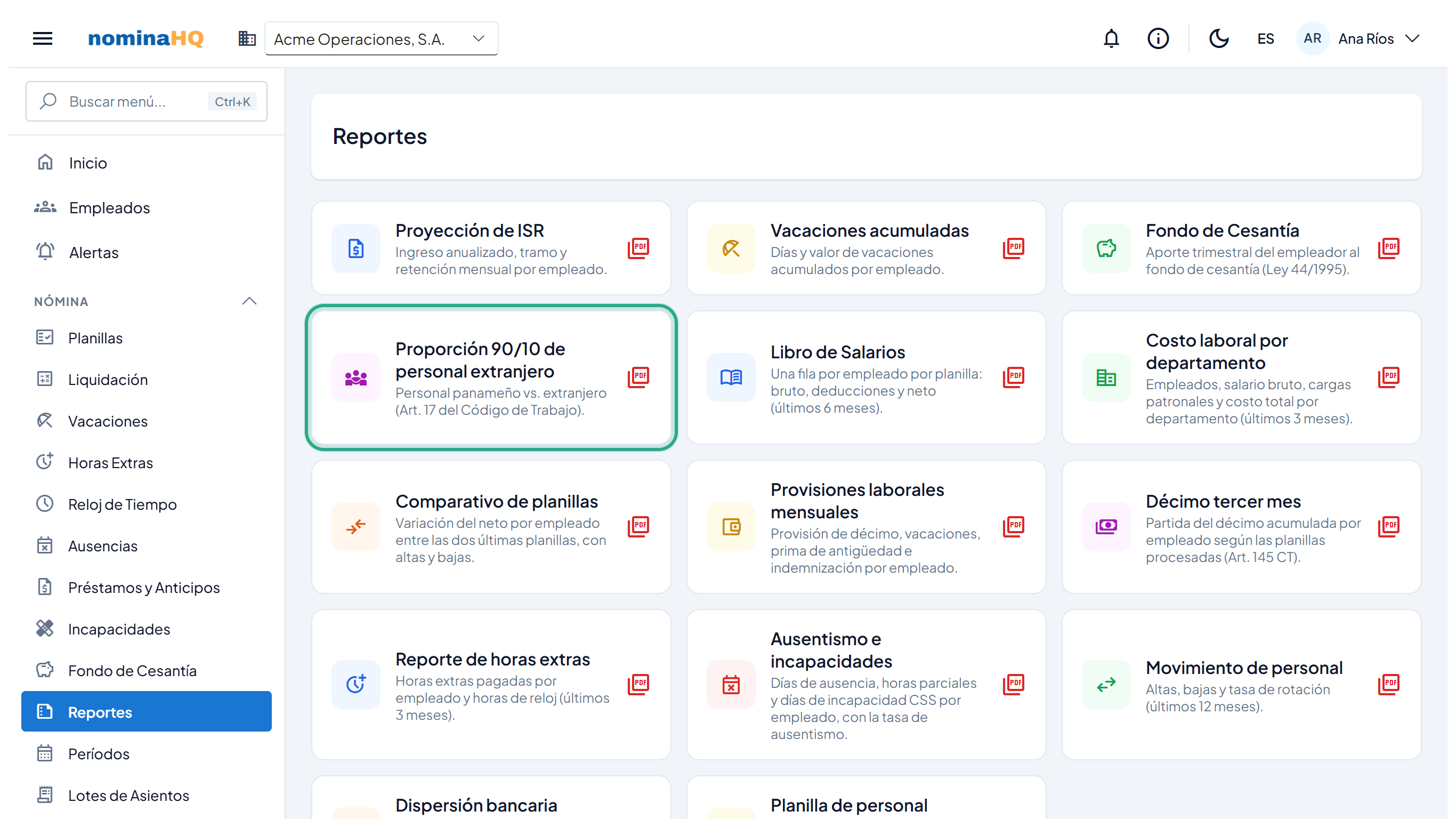 Pantalla Reportes con la tarjeta Proporción 90/10 de personal extranjero resaltada, entre Proyección de ISR, Fondo de Cesantía, Libro de Salarios y otros reportes