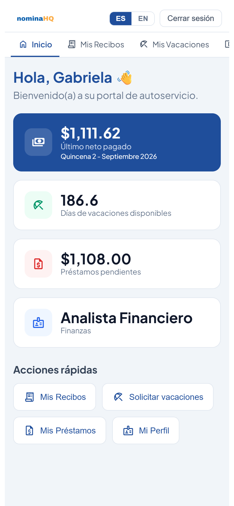 Inicio del portal en la pantalla de un teléfono, con las tarjetas apiladas