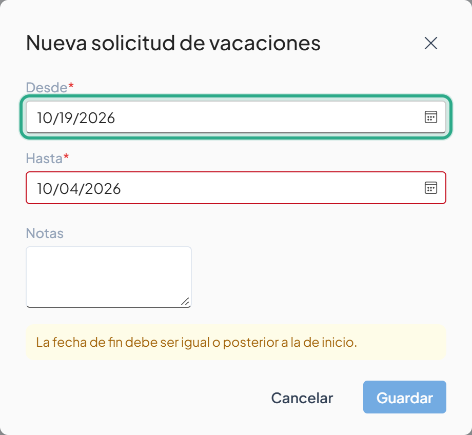 Cuadro Nueva solicitud de vacaciones con el campo Desde resaltado con 10/19/2026