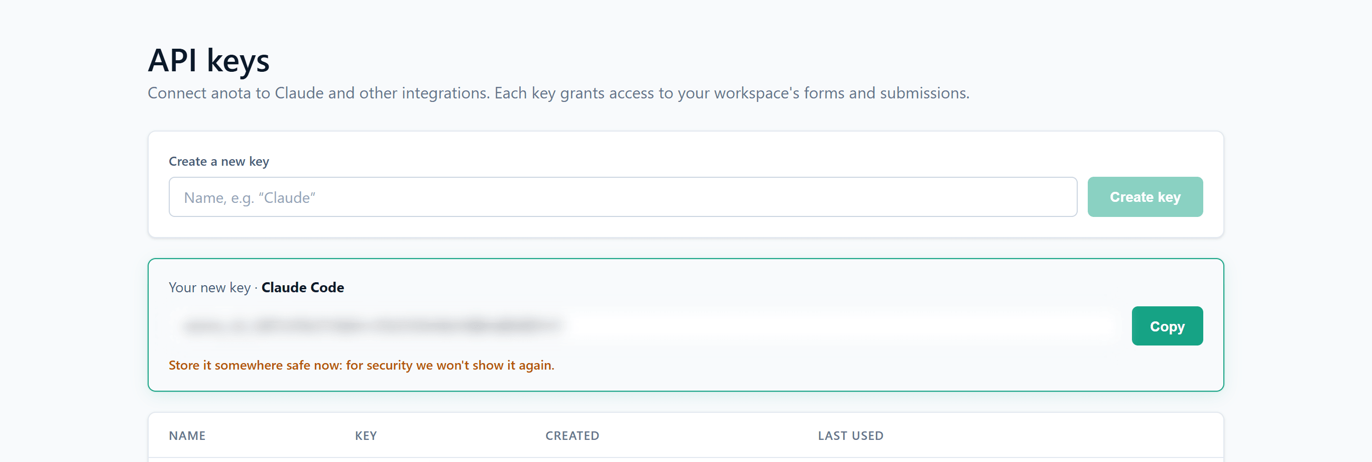 The API keys page showing the Your new key panel for a key named Claude Code, with the key (blurred here), the Copy button and the warning to store it now