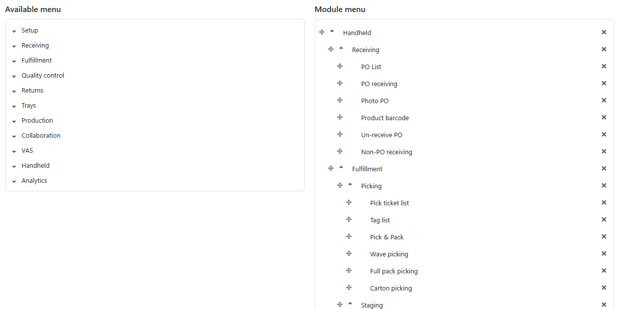 The Menu builder tab with the full Available menu on the left and the Handheld module's menu on the right, showing its Receiving and Picking entries
