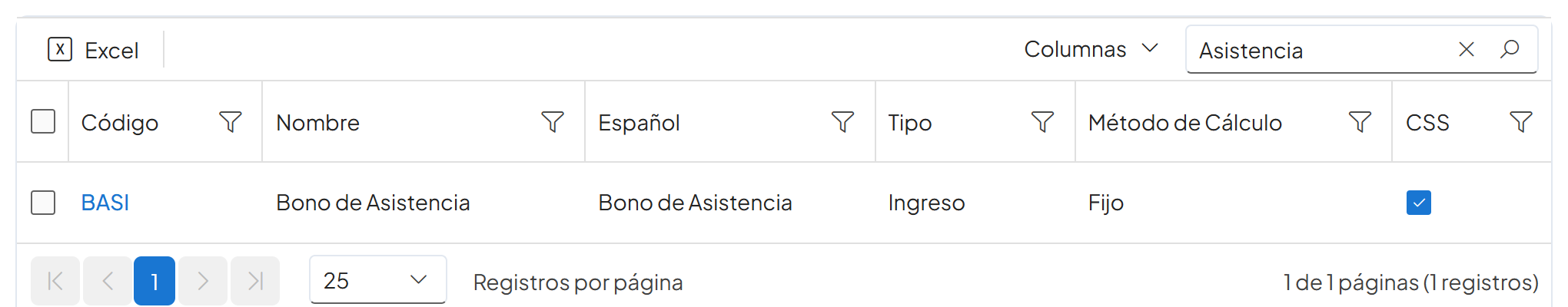 Catálogo filtrado por Asistencia con la fila BASI Bono de Asistencia, Ingreso, Fijo y la marca de CSS