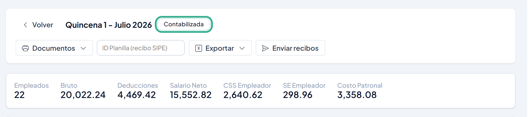 Encabezado del detalle con el estado Contabilizada resaltado y los totales Empleados 22, Bruto 20,022.24 y Salario Neto 15,552.82