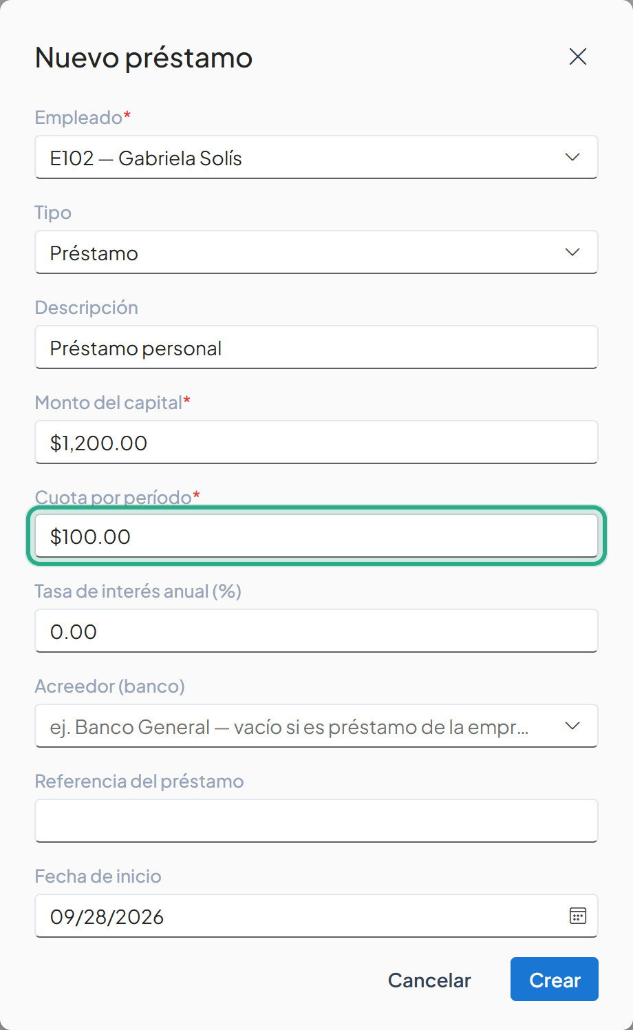 Campo Cuota por período resaltado con $100.00