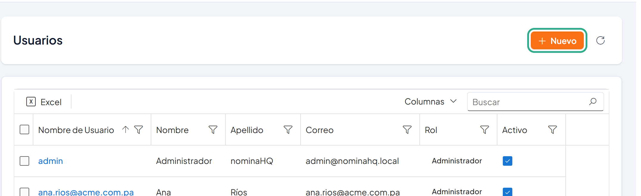 Botón Nuevo resaltado en la parte superior de la lista de usuarios