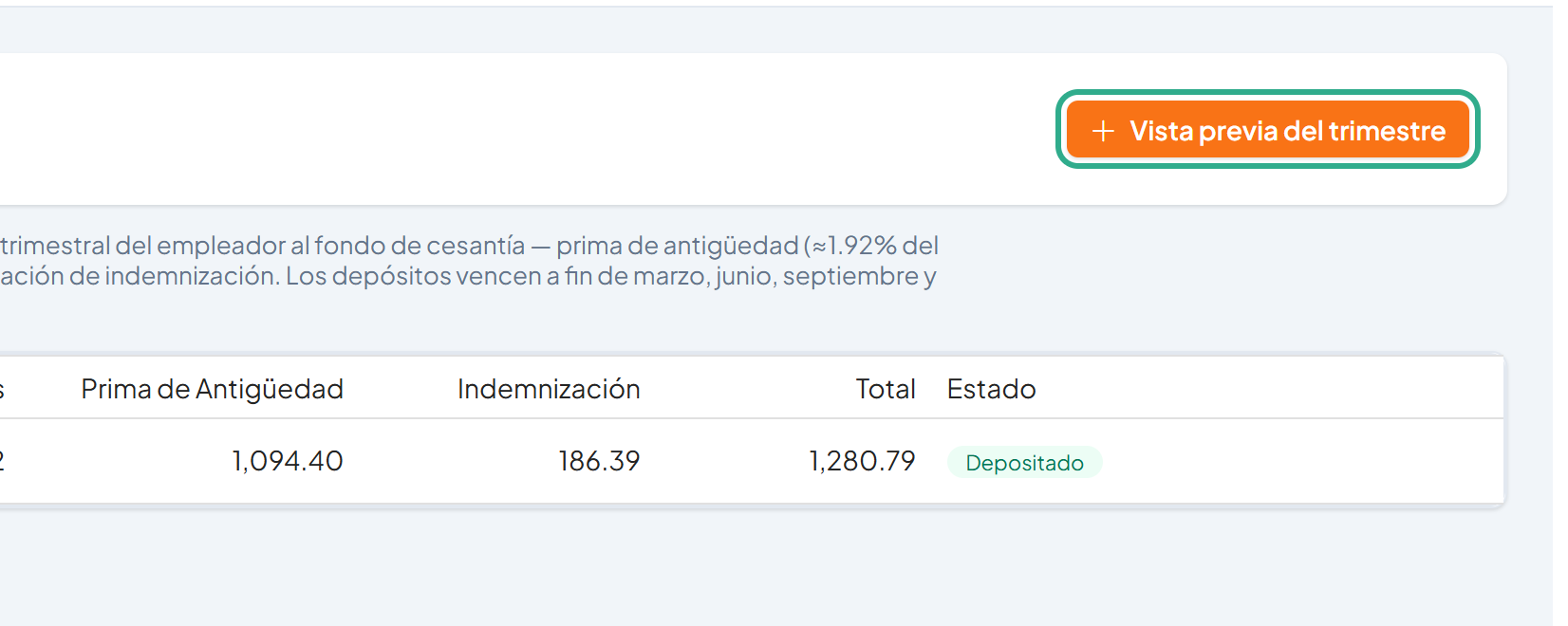Botón Vista previa del trimestre resaltado en la parte superior de la pantalla
