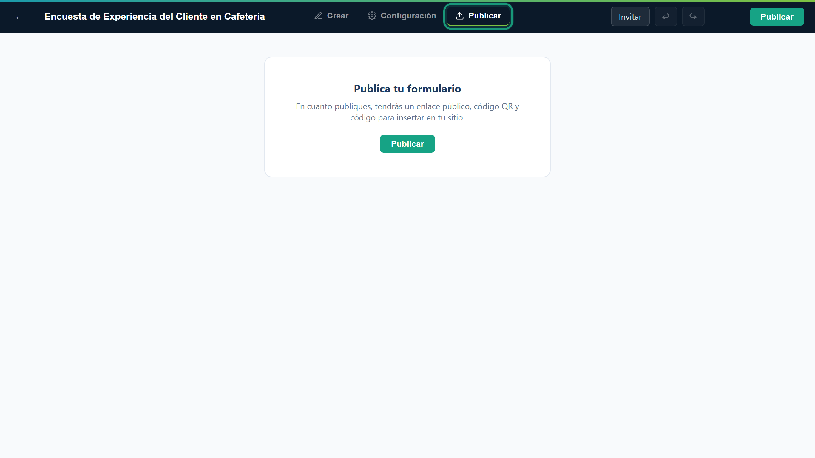 La pestaña Publicar resaltada, con la tarjeta Publica tu formulario y su botón Publicar