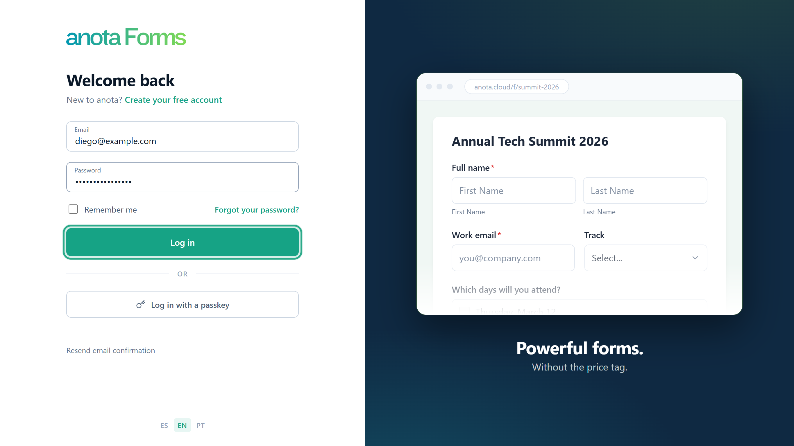 The Log in page with Diego's email and password filled in and the Log in button outlined