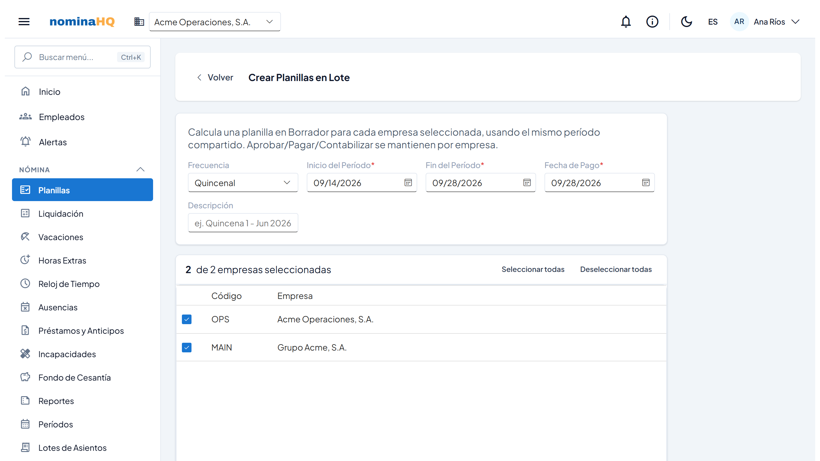 Página Crear Planillas en Lote con el formulario del período y la lista de empresas