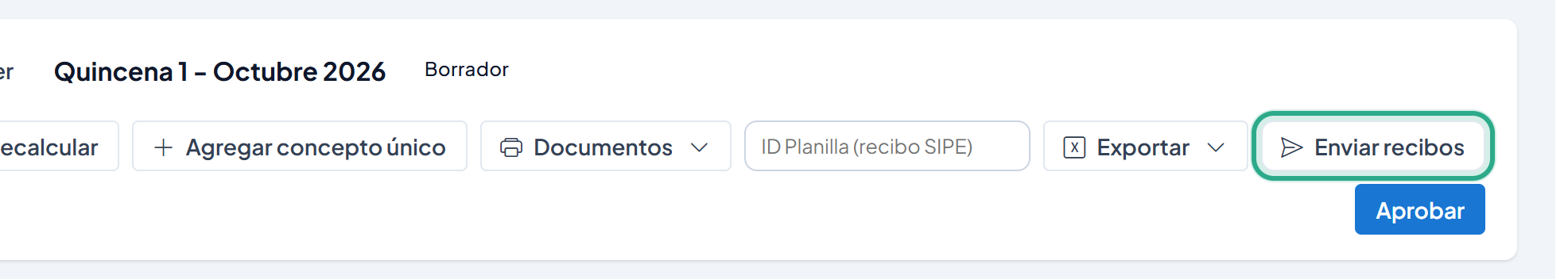 Barra superior de la planilla con el botón Enviar recibos resaltado