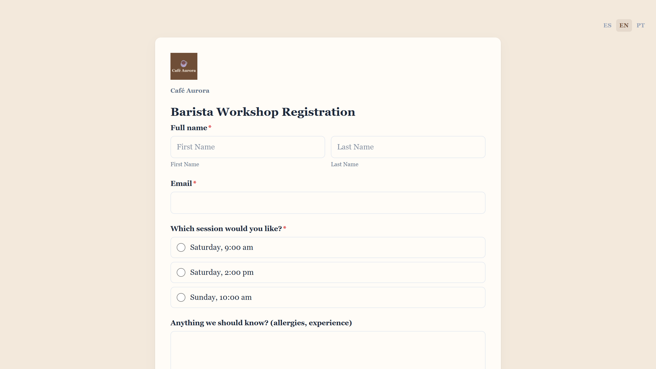 The published Barista Workshop Registration form of Café Aurora, with the café's logo, its fields and the ES / EN / PT language switcher at the top right