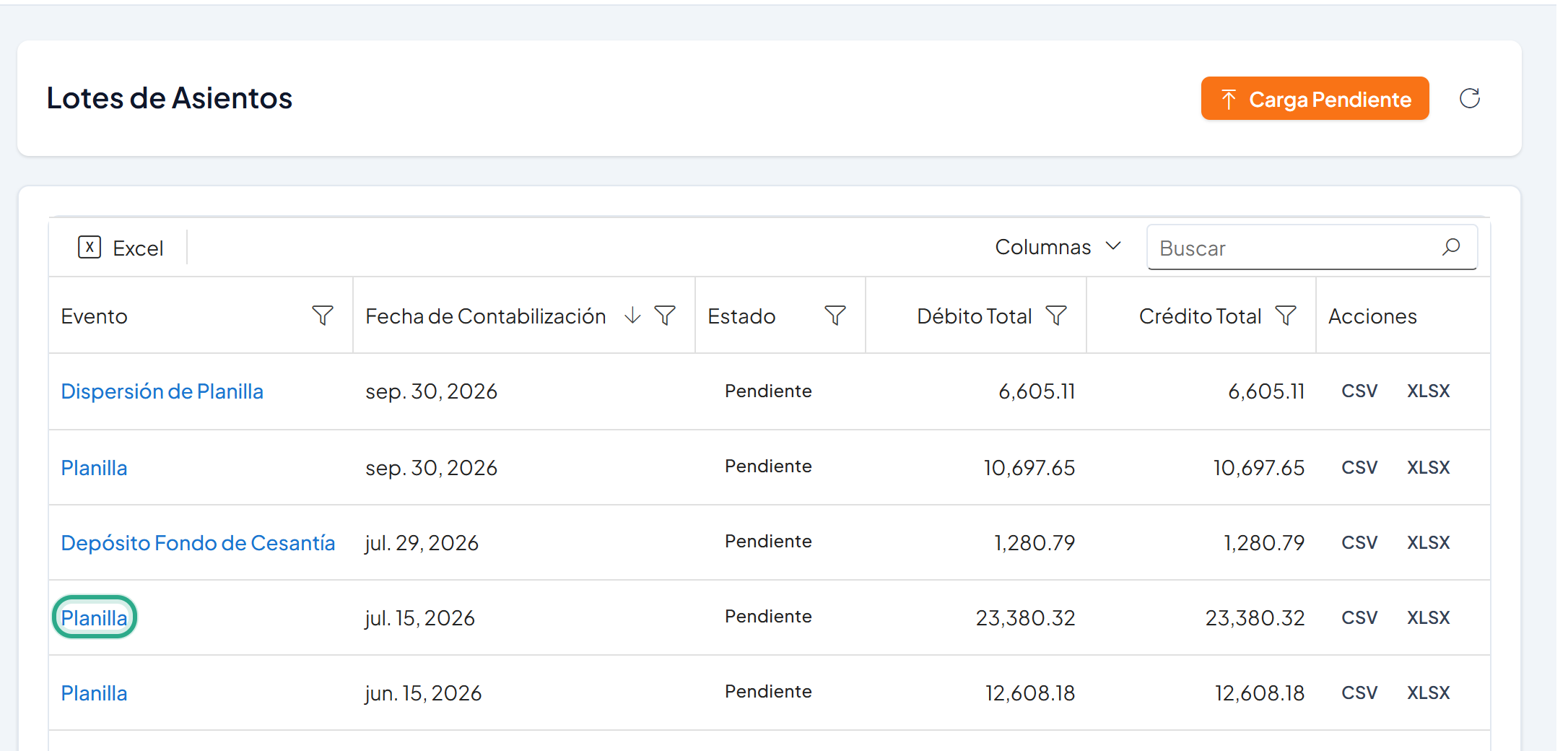 Lista de lotes con el enlace Planilla del jul. 15, 2026 resaltado; Débito Total y Crédito Total 23,380.32