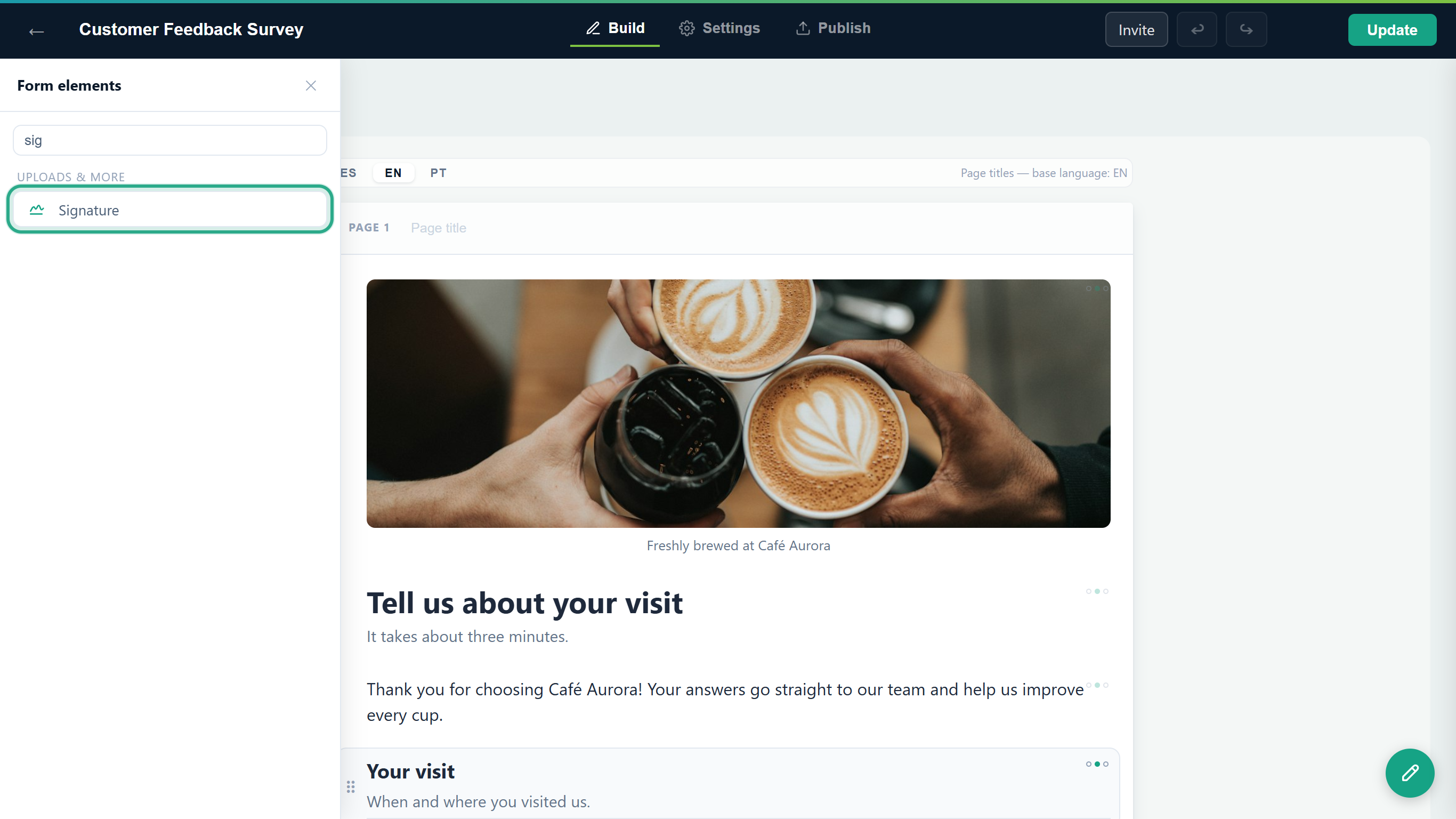 The Form elements panel filtered by the text sig, with the Signature item outlined under Uploads & more