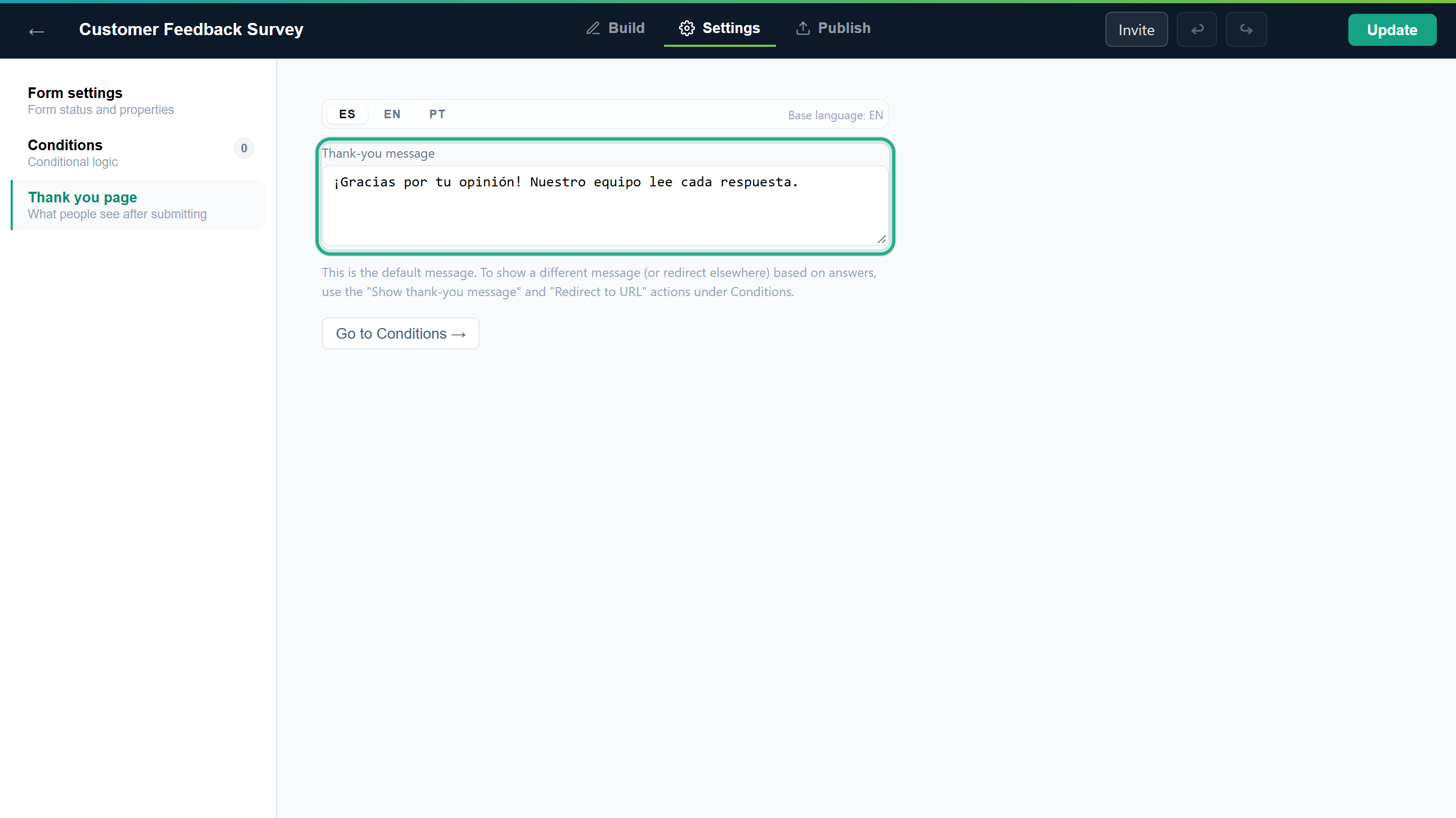 The Thank you page section on the ES tab with the Thank-you message box outlined, containing the Spanish message