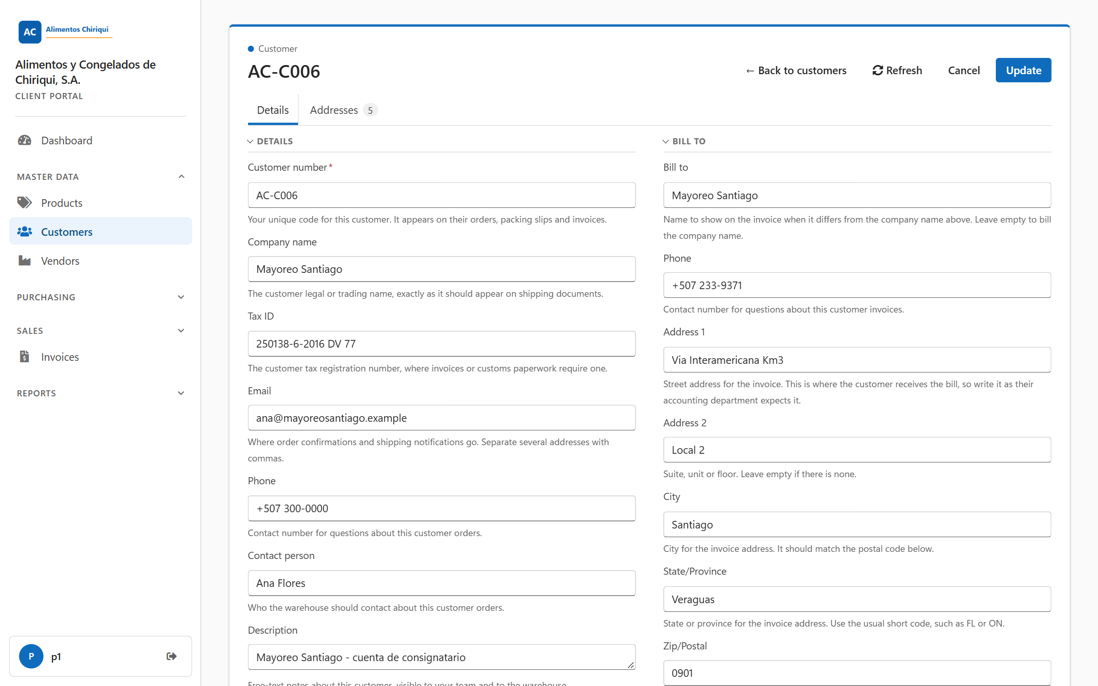 The Details tab of a customer with the Details and Bill to sections
