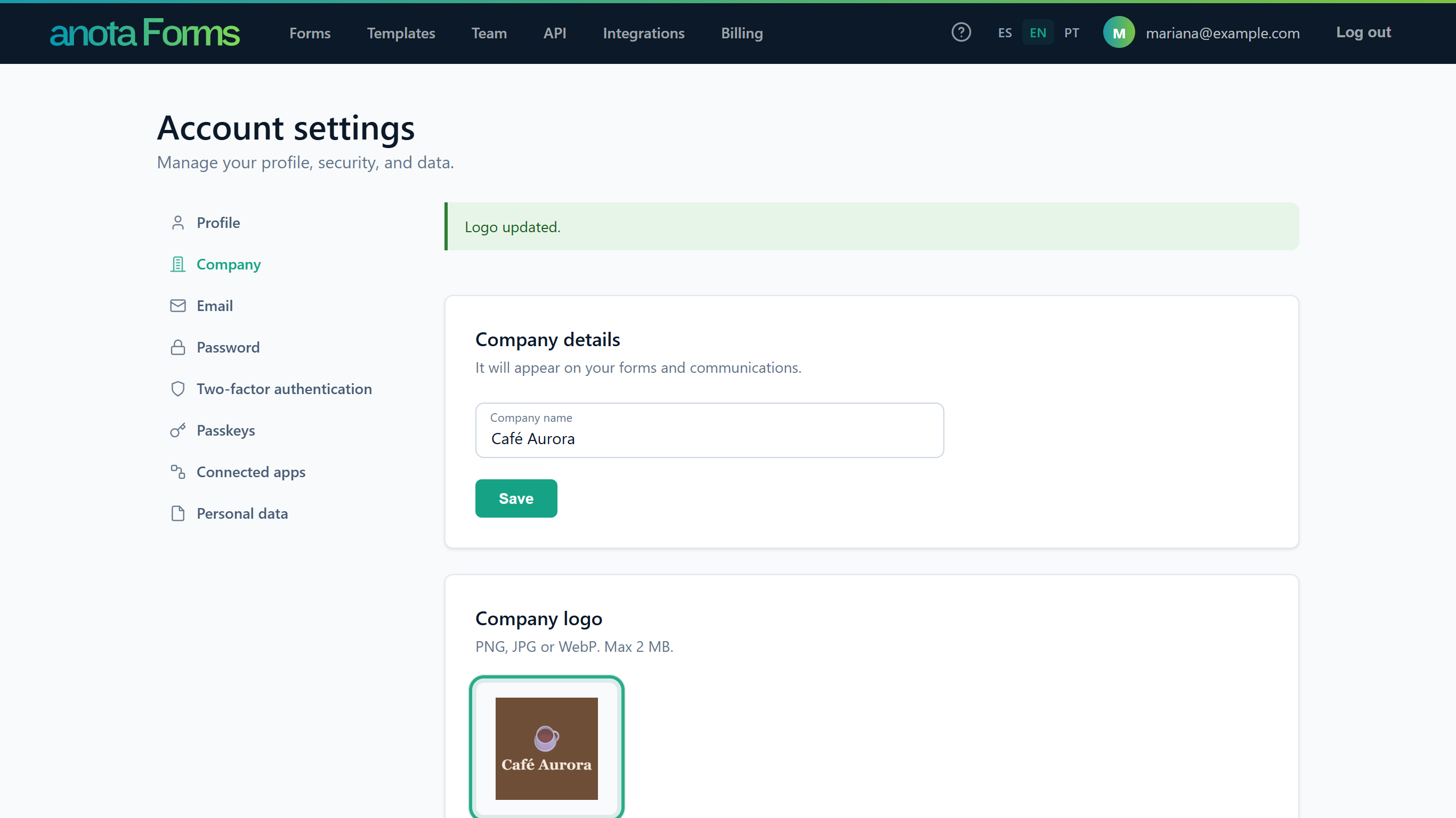 The Company page with Logo updated. at the top and the Café Aurora logo preview outlined in the Company logo card