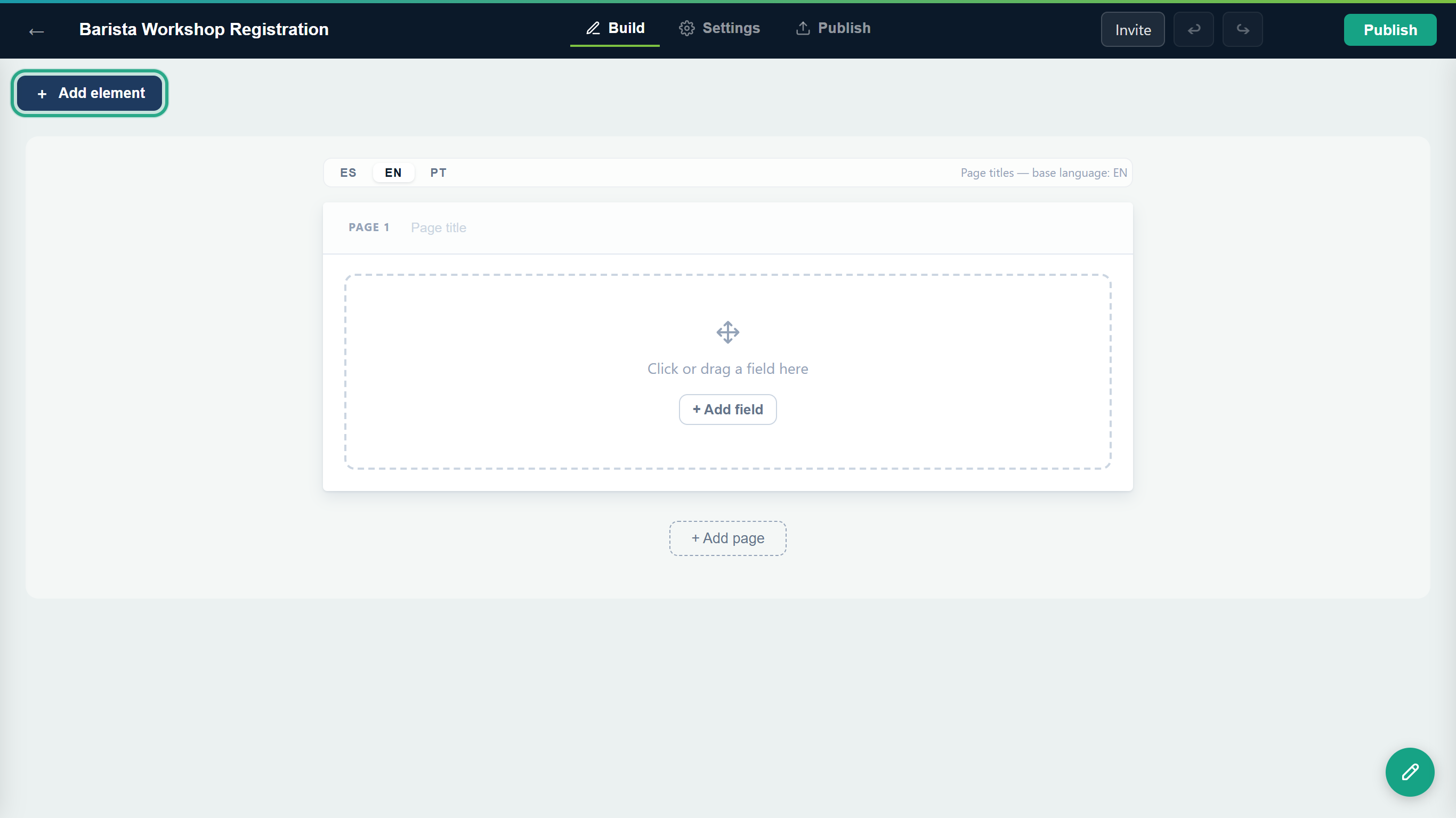 The builder with the new title Barista Workshop Registration and the Add element button outlined