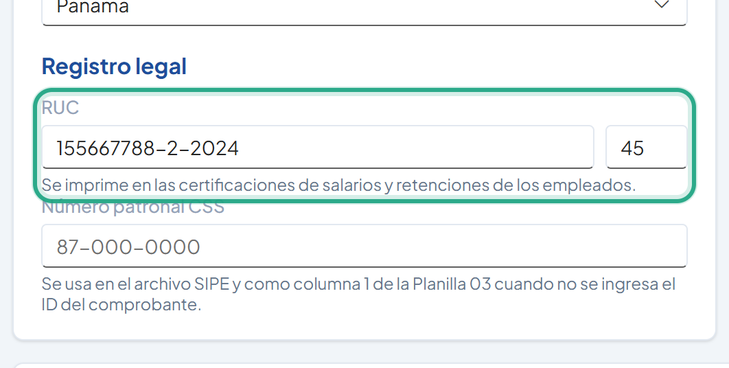 Sección Registro legal con el campo RUC resaltado, RUC 155667788-2-2024 y DV 45