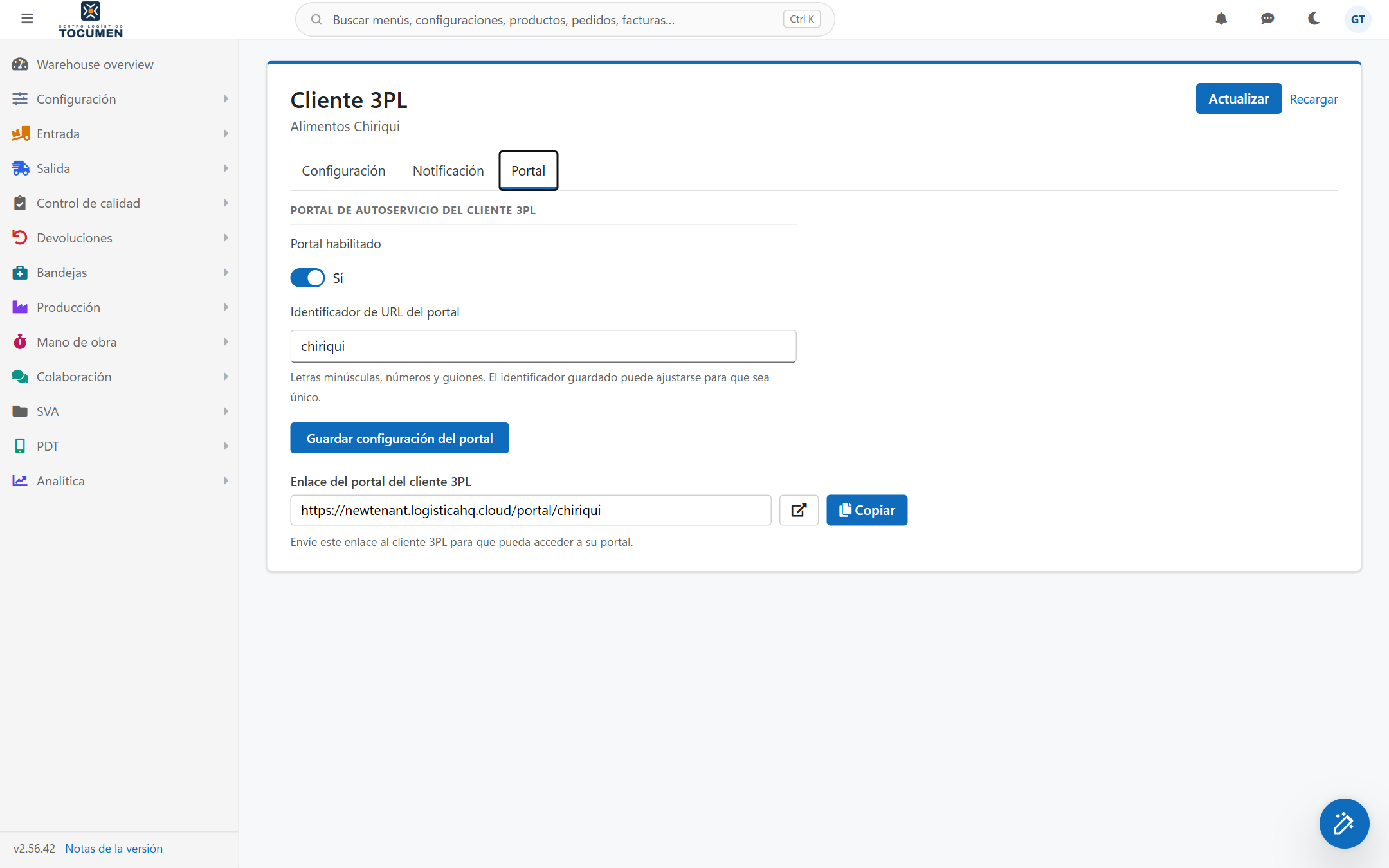 La pestaña Portal de un cliente con el portal activado