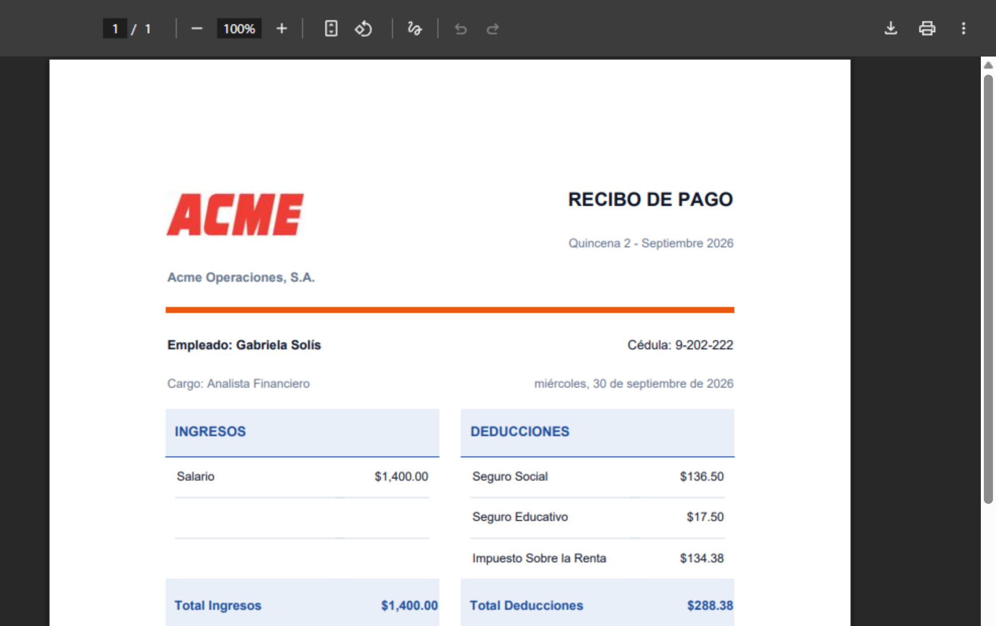 Recibo de Pago de Gabriela Solís, Quincena 2 - Septiembre 2026, con ingresos y deducciones