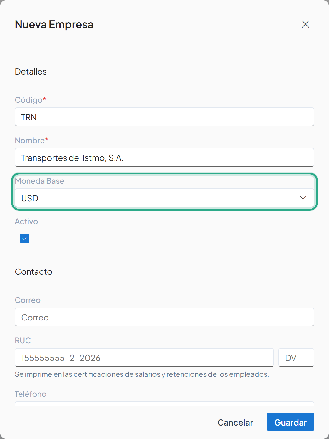 Campo Moneda Base resaltado con el valor USD y la casilla Activo marcada