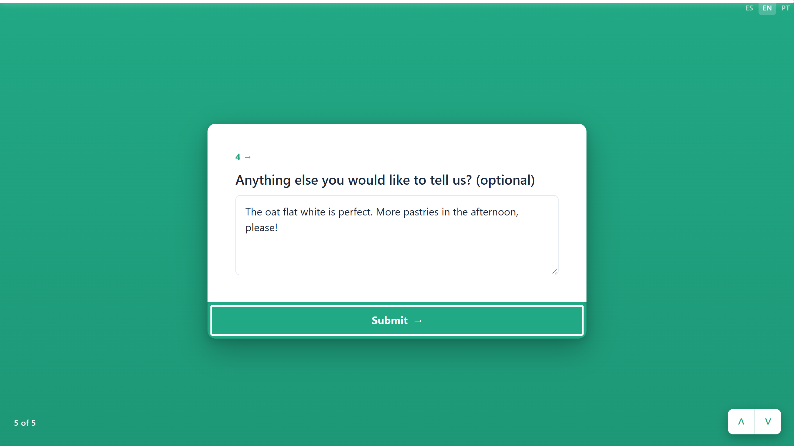 The last card with the optional comment filled in and the Submit button outlined
