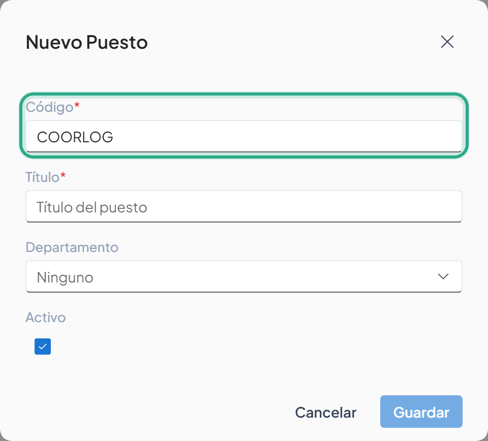 Campo Código resaltado con el valor COORLOG