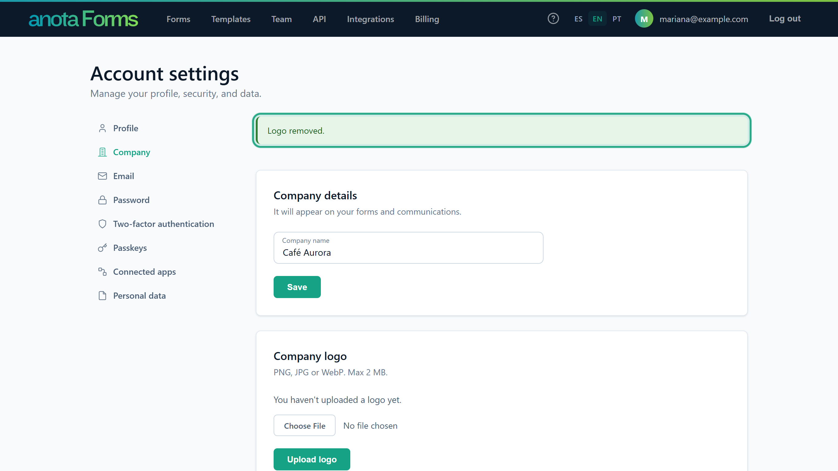 The Logo removed. message outlined at the top of the Company page; the Company logo card reads You haven't uploaded a logo yet.