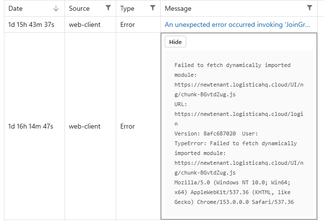 An expanded log entry showing the error message, the page address, the version and the browser