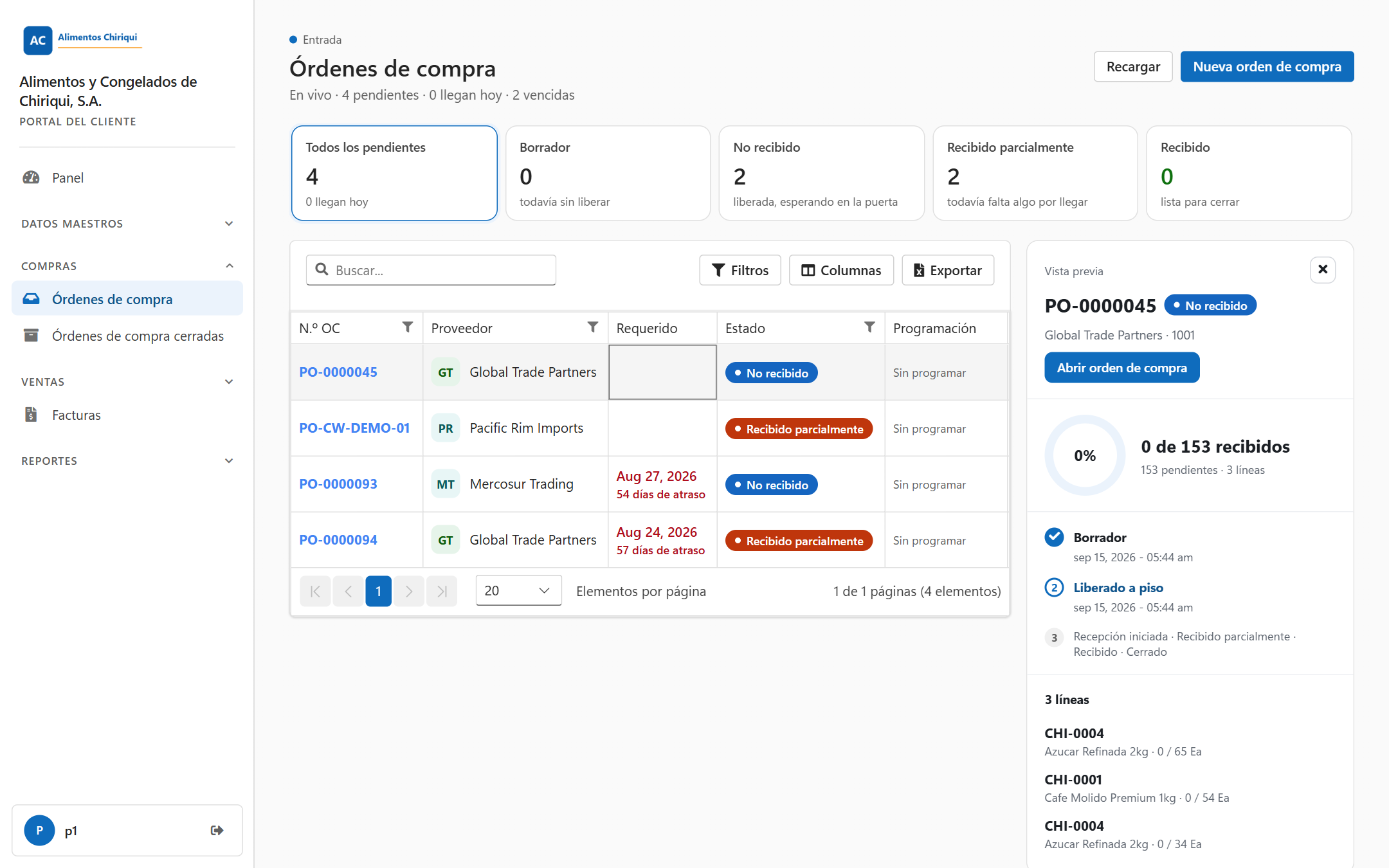 La lista Órdenes de compra con el panel de vista previa abierto a la derecha