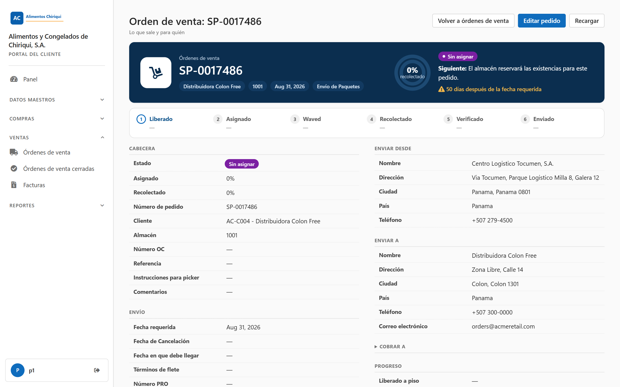 La página de una orden Sin asignar con el botón Editar pedido arriba a la derecha