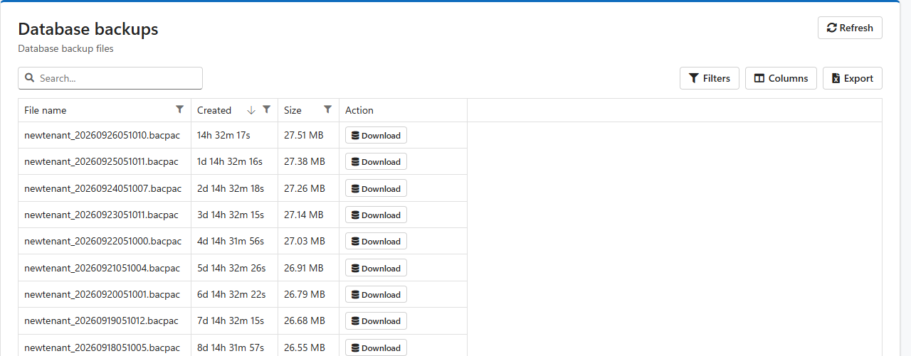 The Database backups list: one .bacpac file per day with its age, its size and a Download button