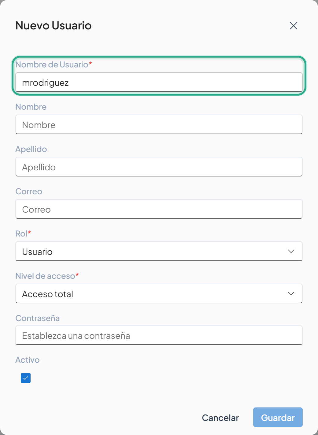 Cuadro Nuevo Usuario con el campo Nombre de Usuario resaltado y el valor mrodriguez