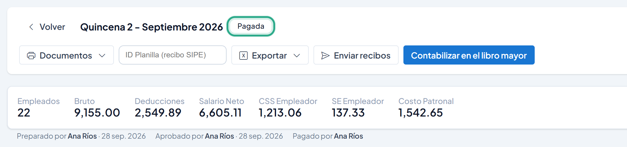 Planilla en estado Pagada con la franja Preparado por, Aprobado por y Pagado por