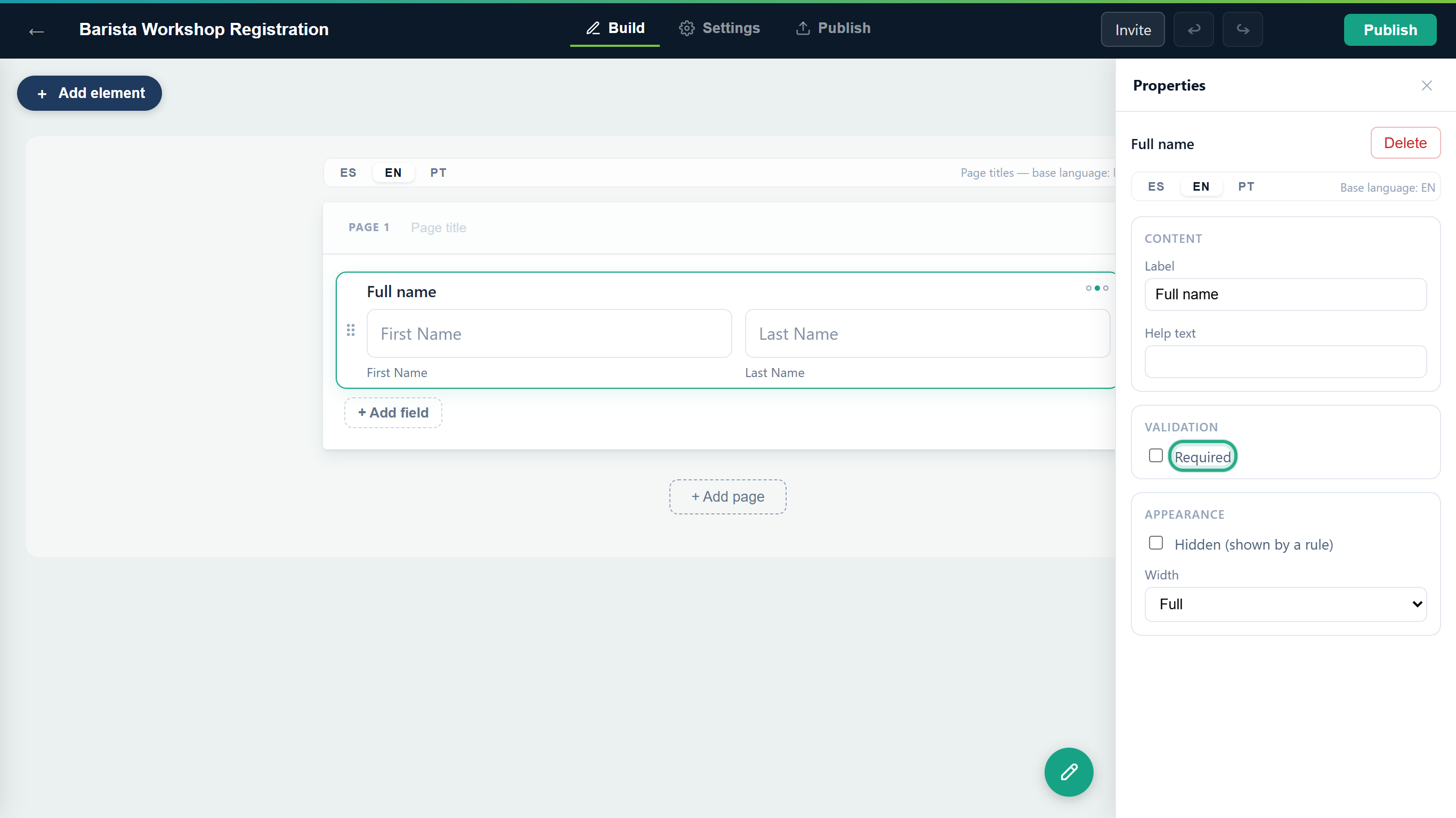 The Properties panel for the Full name field with the Required option outlined