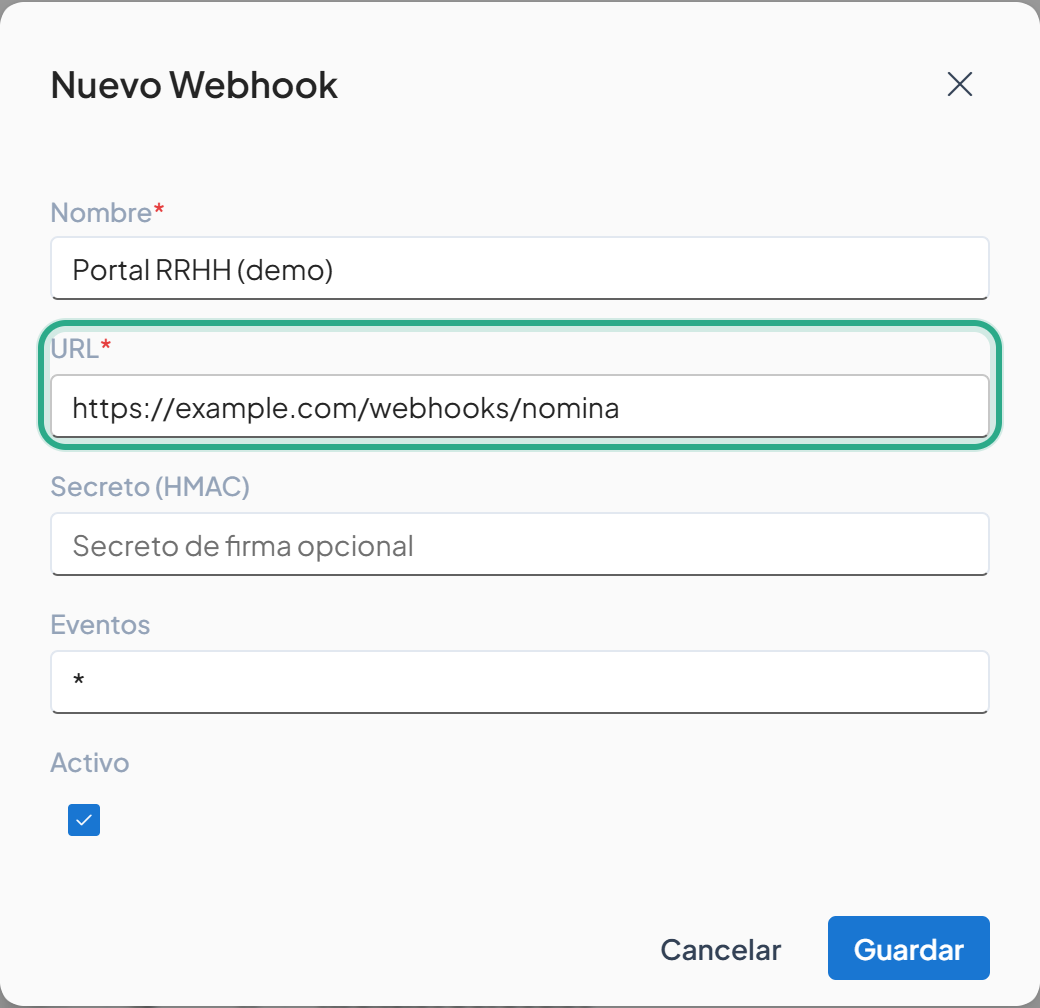 Campo URL resaltado con https://example.com/webhooks/nomina