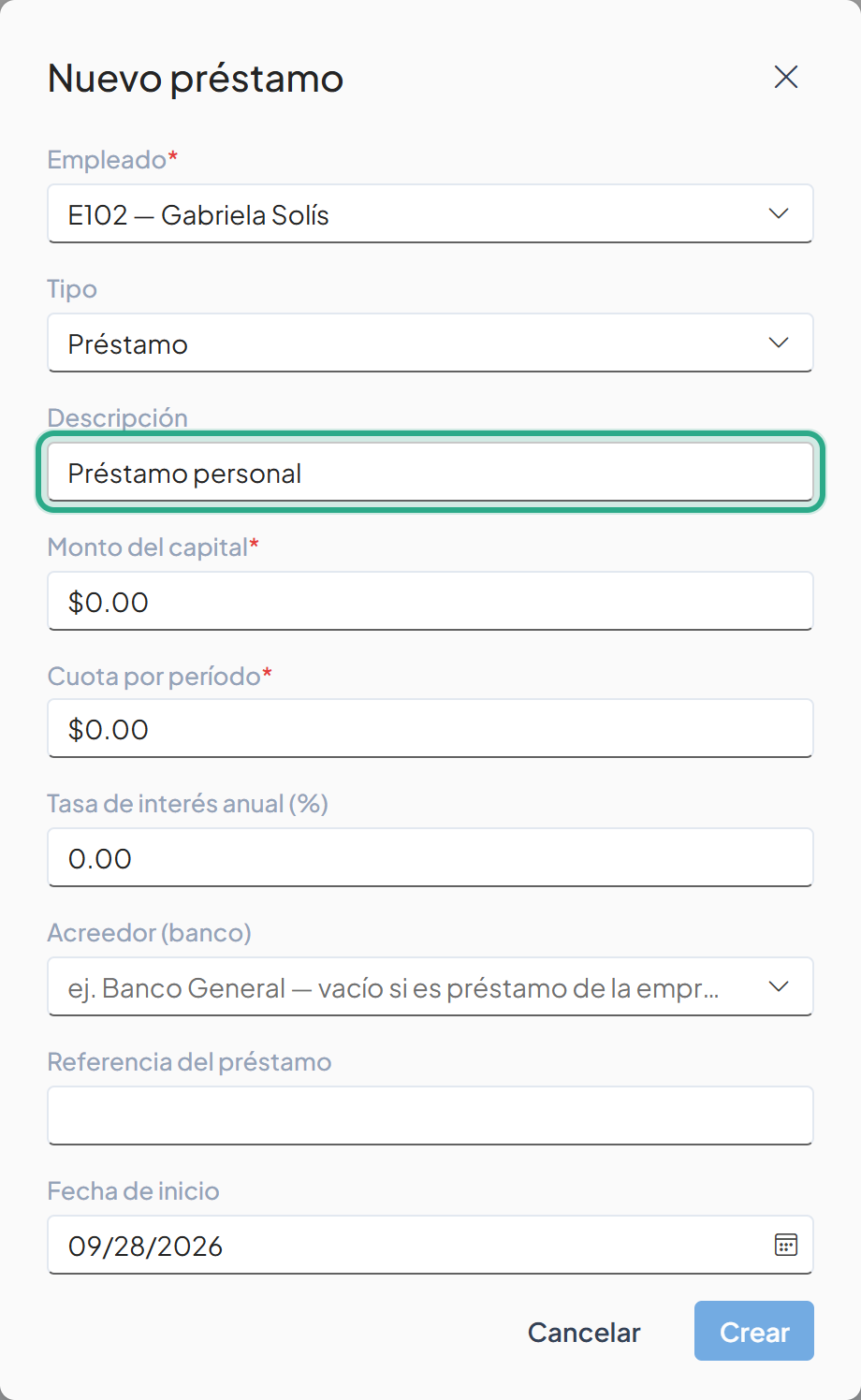 Campo Descripción resaltado con el texto Préstamo personal