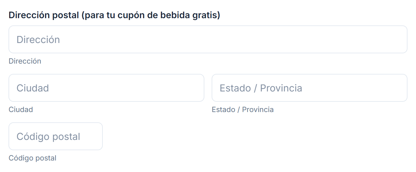 La pregunta Dirección postal (para tu cupón de bebida gratis) con los cuadros Dirección, Ciudad, Estado / Provincia y Código postal