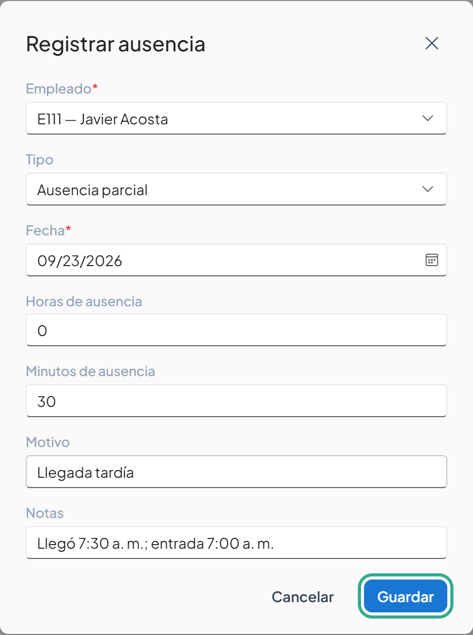 Cuadro con Motivo Llegada tardía, Notas y el botón Guardar resaltado