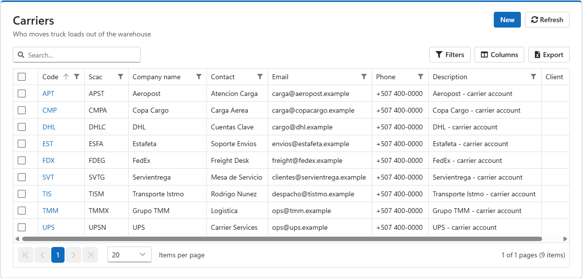 LogisticaHQ Carriers List