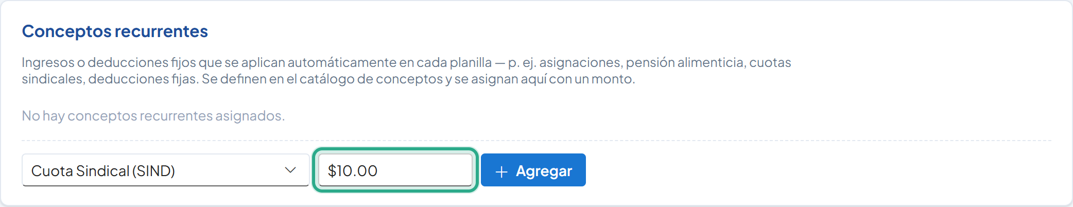 Campo de monto resaltado con $10.00