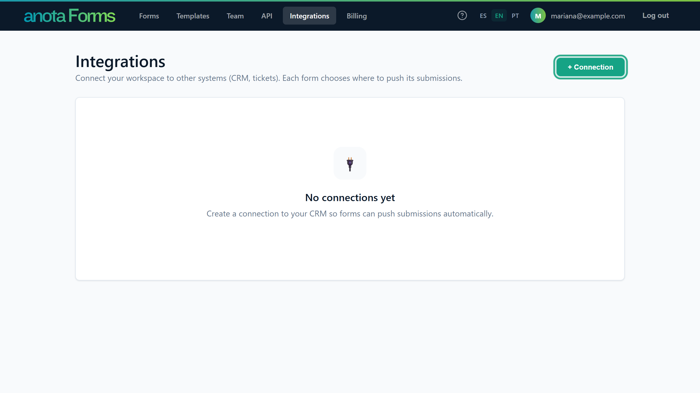 The Integrations page with the + Connection button outlined and the empty state No connections yet