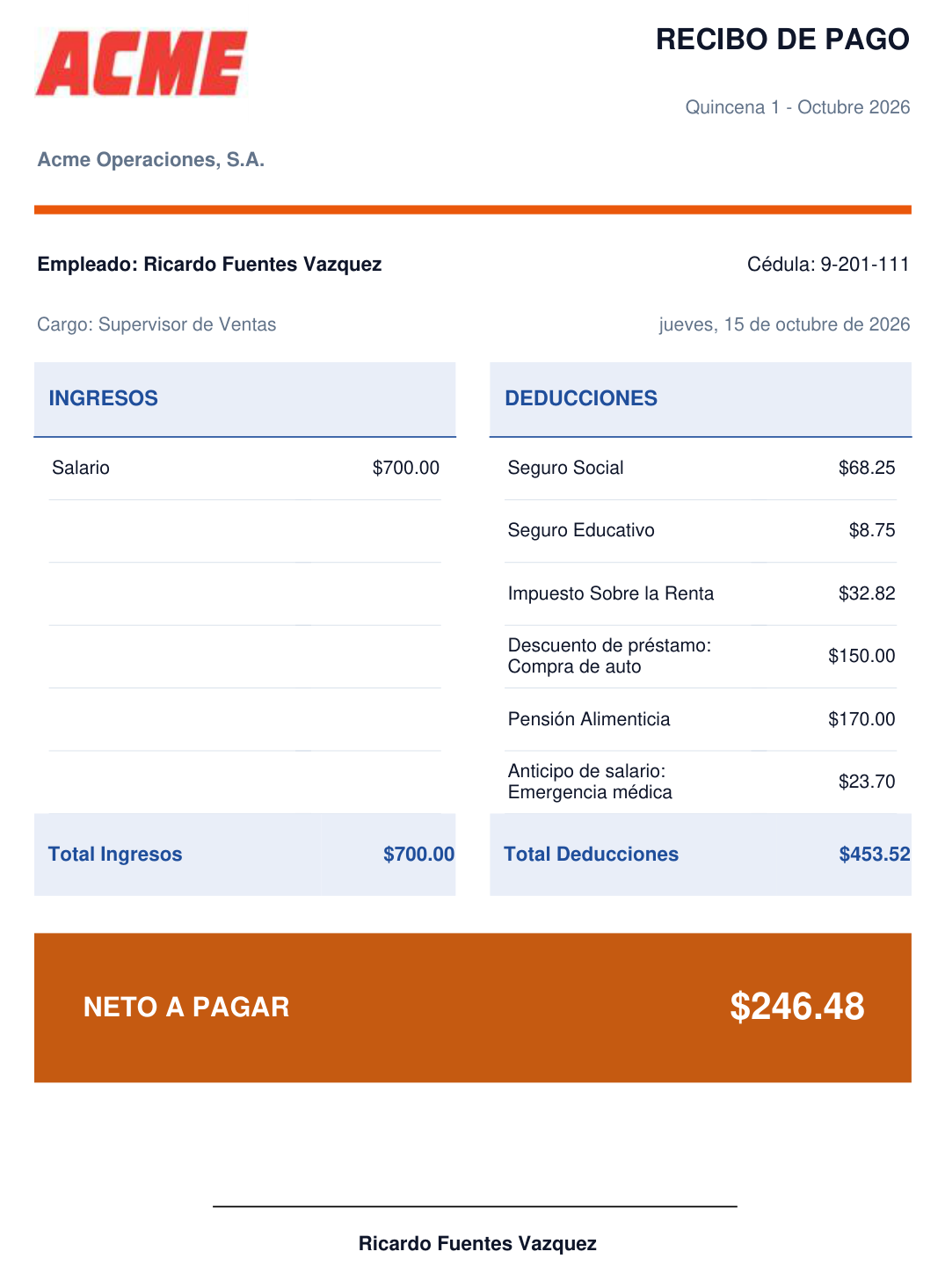 Recibo de pago en PDF de Ricardo Fuentes Vazquez con Ingresos, Deducciones y NETO A PAGAR