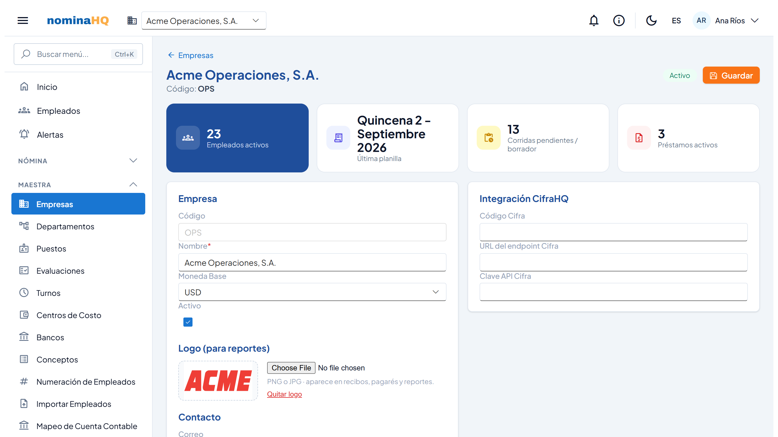 Ficha de la empresa Acme Operaciones, S.A. con sus indicadores y la sección Empresa